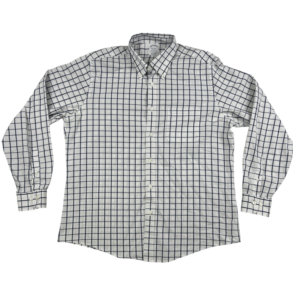 Brooks Brothers Shirt Mens Large Regent Fit Plaid Button Down Stretch White